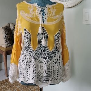 Dazzling Yellow & Ivory Raw Hem Crochet Cover Up